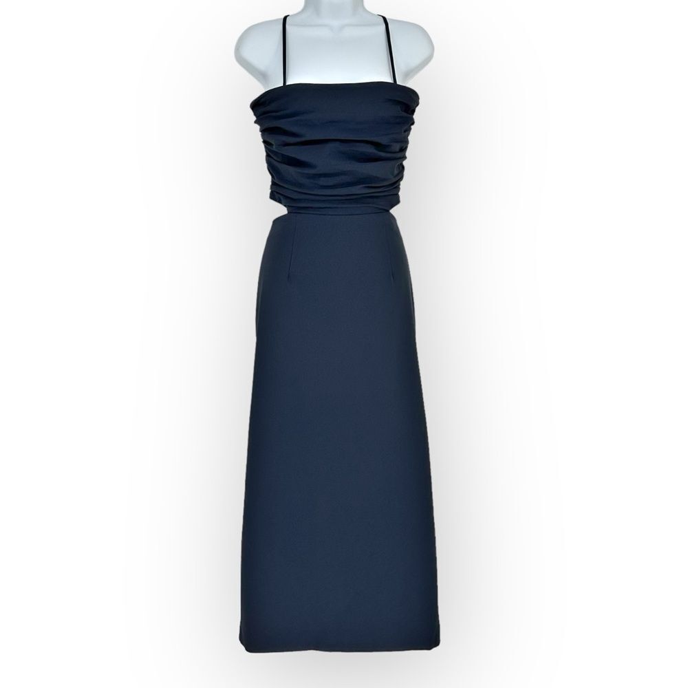 CINQ À SEPT NWT Judy Ruched Navy Backless Midi-Dress- size 12- sexy classic - Picture 13 of 13